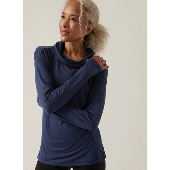 ATHLETA UPTEMPO ll HOODIE SWEATSHIRT IN HEATHER‎ BLUE Athletic Top Women's M EUC - Picture 1 of 11